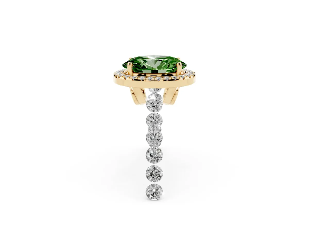 Fancy Green Oval Cut Halo Pavé Diamond Engagement Ring with Four-Prong Setting Yellow gold