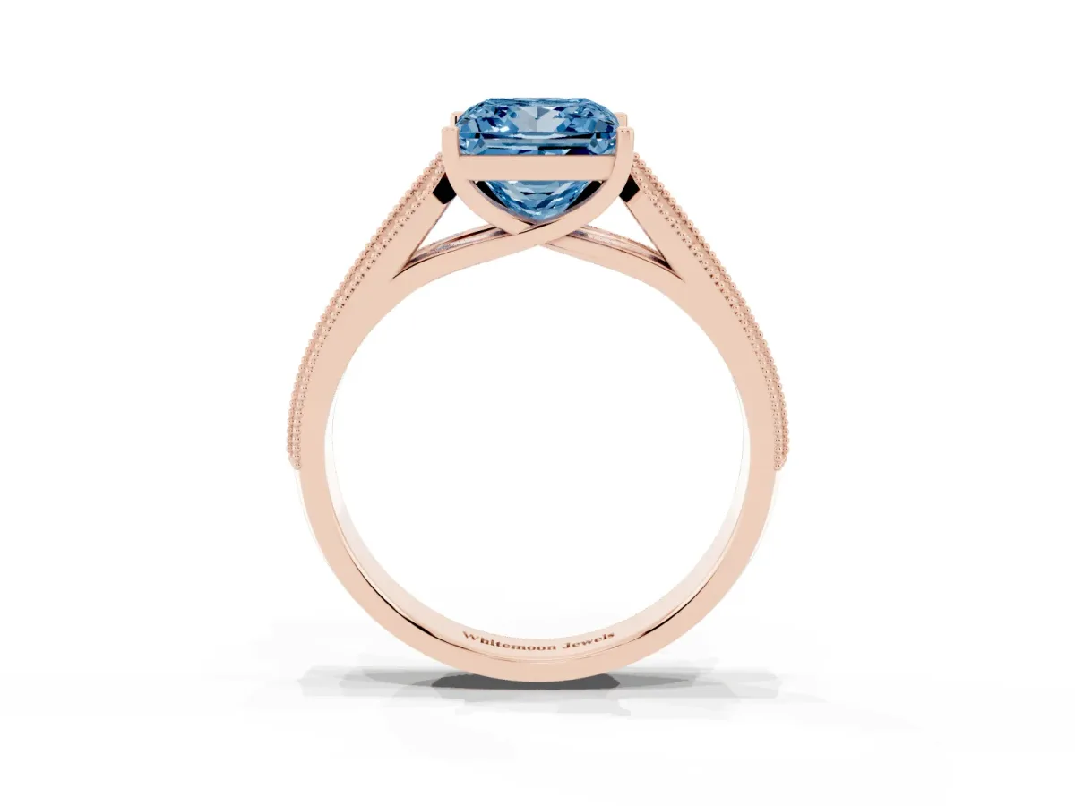 Fancy Blue Princess Cut Cut Pave Split Shank Engagement Ring with Four-Prong Setting Rose gold