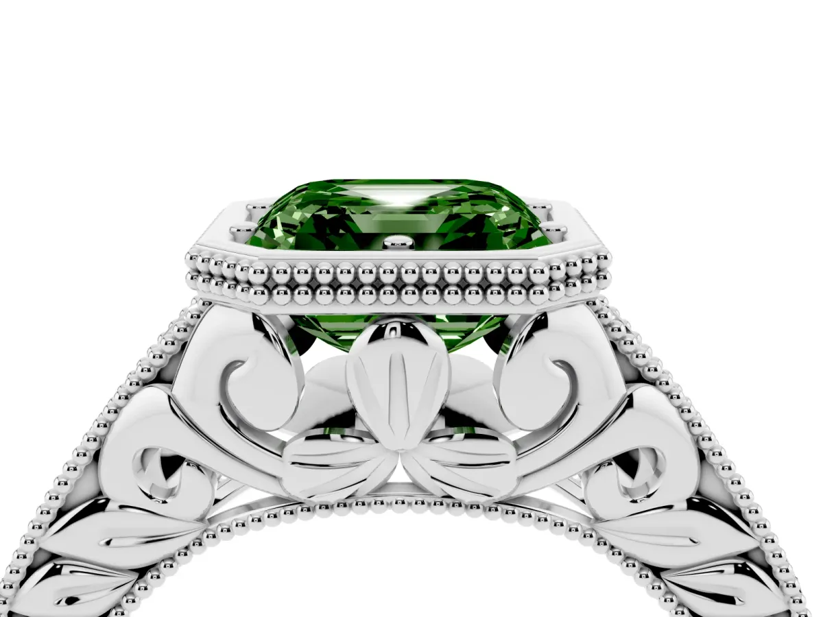 Fancy Green Bezel Set Asscher Cut Diamond Milgrain Pave Engagement Ring Silver