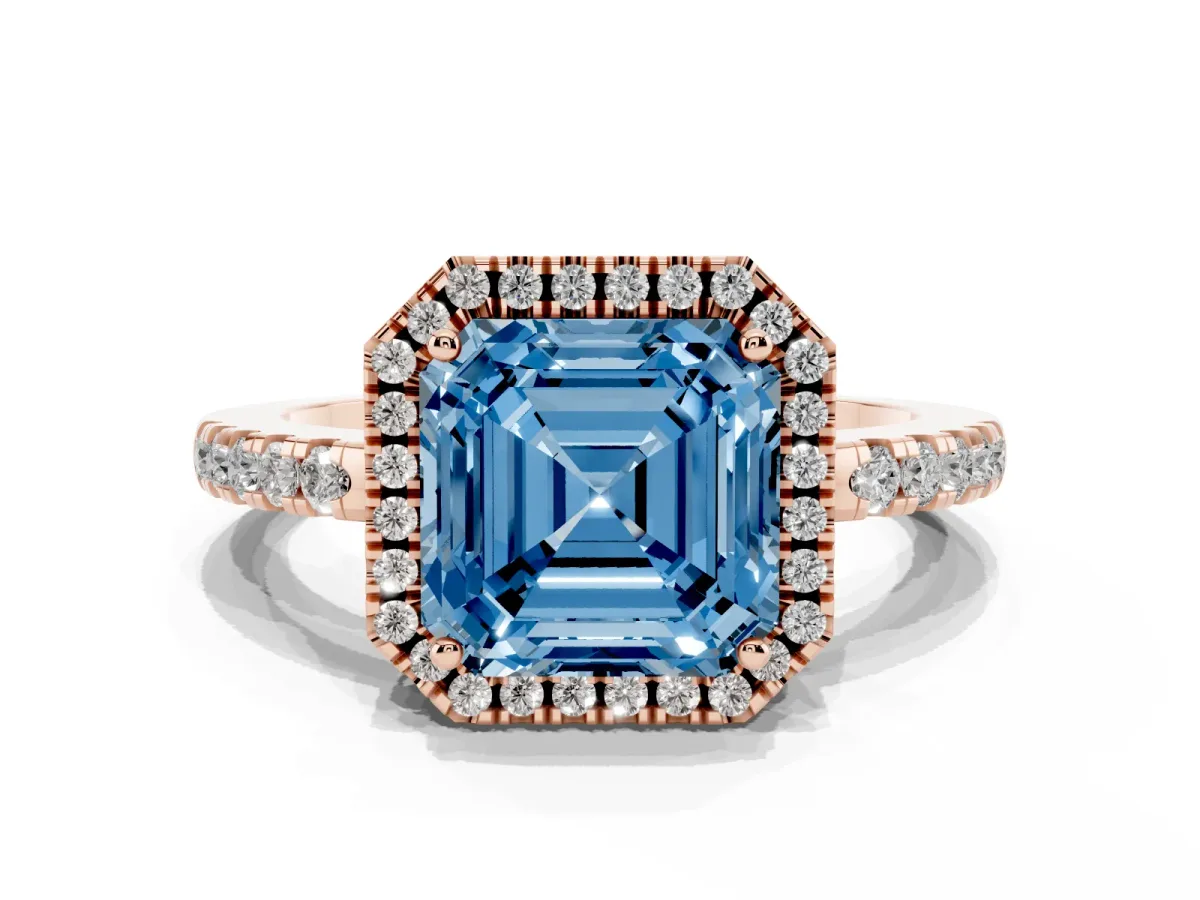 Fancy Blue Asscher Cut Halo Diamond Engagement Ring with Pavé Band and Four-Prong Setting Rose gold