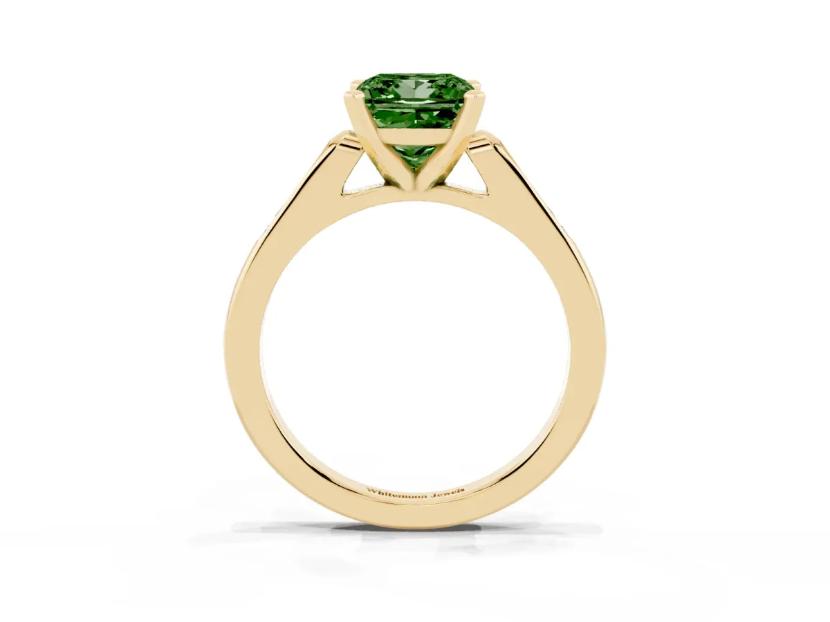 Fancy Green Princess Cut Diamond Solitaire Ring with Channel Set Round Band and Prong Setting Yellow gold
