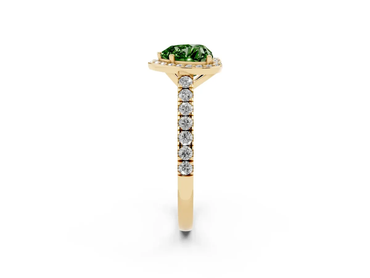 Fancy Green Heart Cut Cut Halo Diamond Engagement Ring with Pave Band and Four-Prong Setting Yellow gold