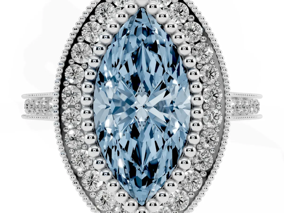 Fancy Blue Marquise Cut Diamond Halo Ring with Milgrain Frame and Pavé Band White gold