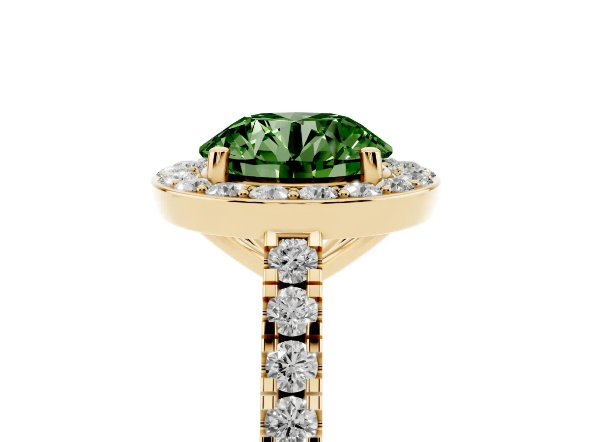 Fancy Green Round Cut Diamond Halo Ring with Round Pavé Split Shank and Prong Setting Yellow gold