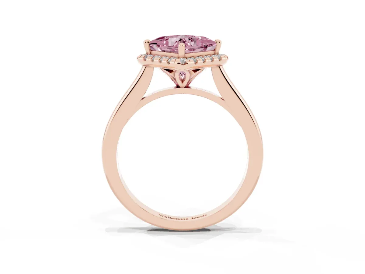 Fancy Pink Princess Cut Halo Round Diamond Solitaire Engagement Ring with Pave Band and Four-Prong Setting Rose gold