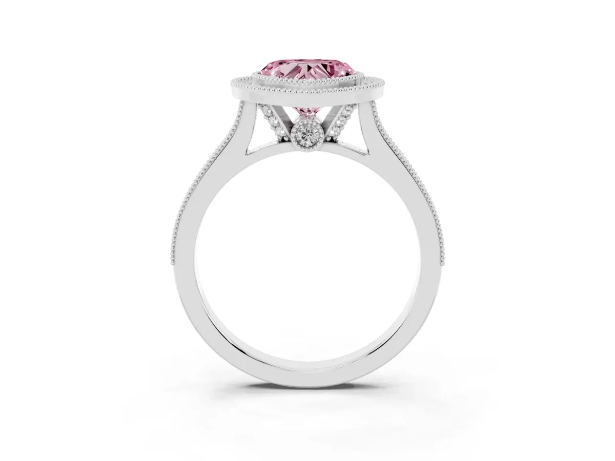 Fancy Pink Halo Heart Cut-Cut Diamond Pave Band Milgrain Prong Setting Ring White gold