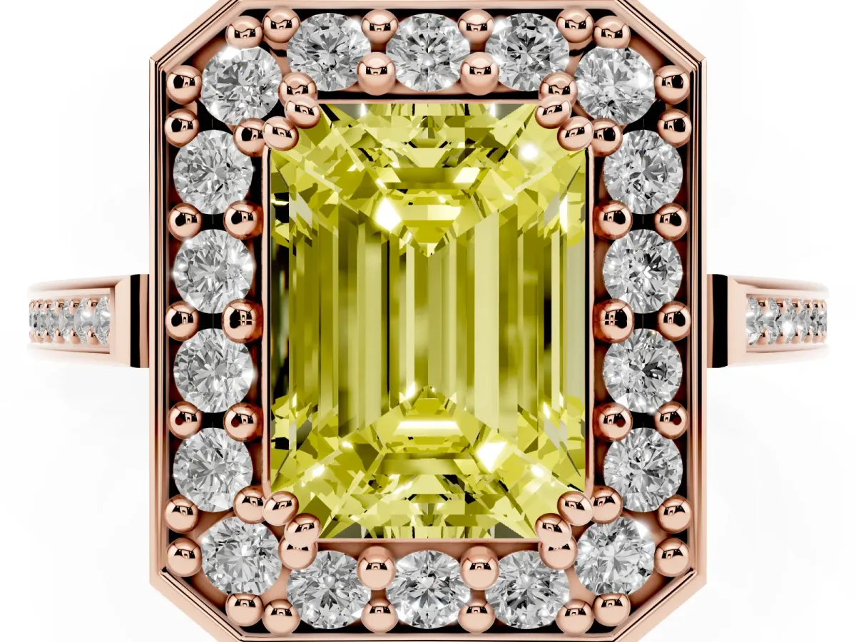 Fancy Yellow Emerald Cut Diamond Halo Ring with Split Shank and Four-Prong Setting Rose gold