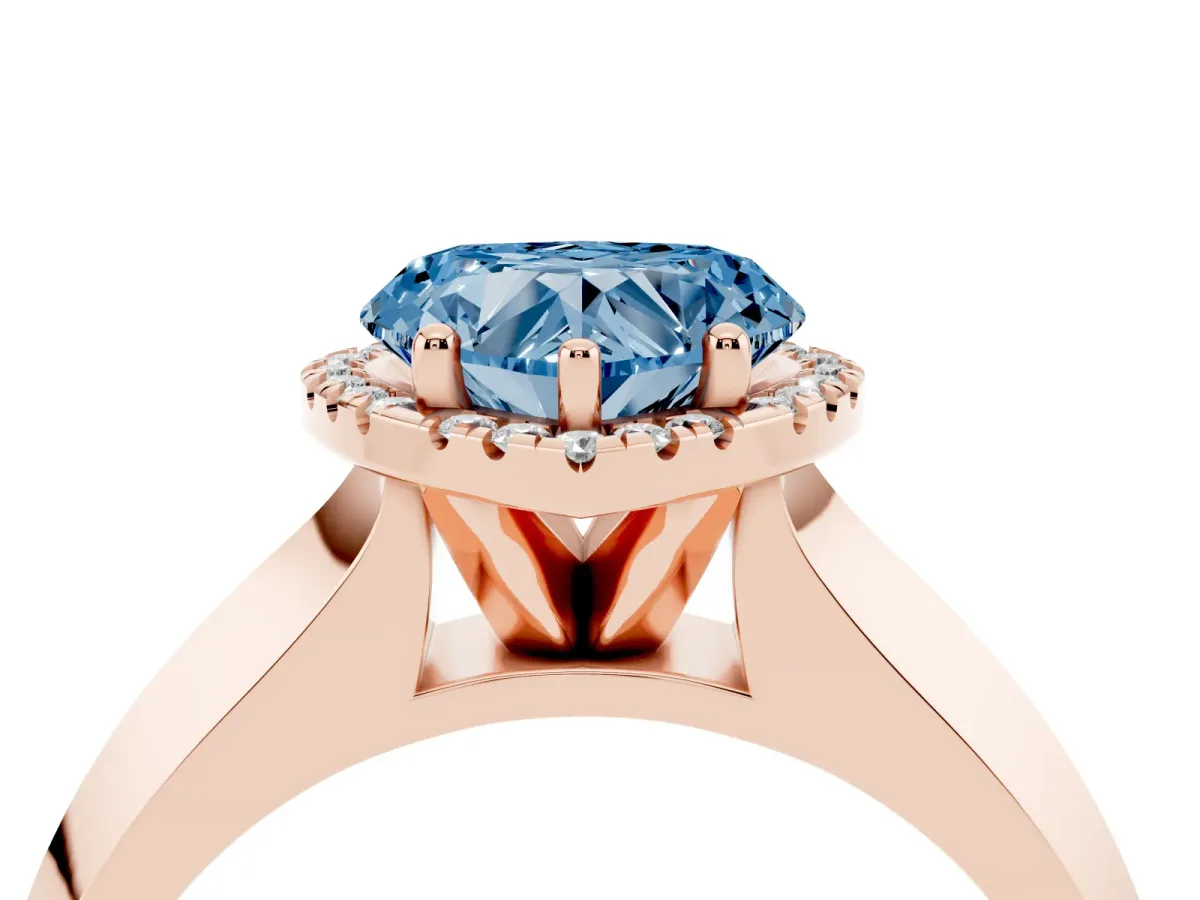 Fancy Blue Heart Cut Halo Diamond Ring with Cathedral Band and Four-Prong Setting Rose gold