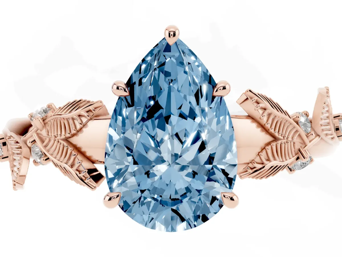 Fancy Blue Pear Cut Diamond Solitaire Ring with Leaf Motif Band and Four-Prong Setting Rose gold