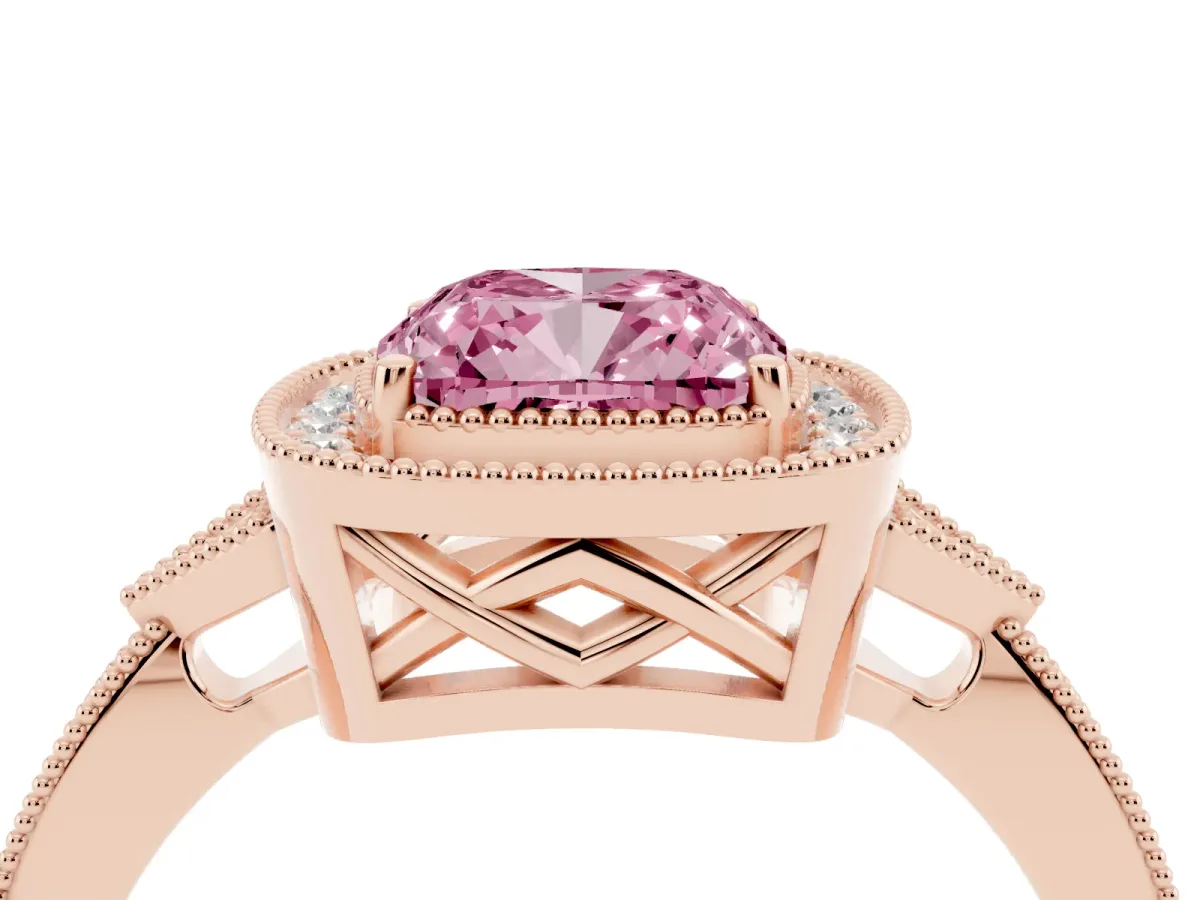 Fancy Pink Cushion Cut Halo Round Diamond Milgrain Pave Engagement Ring Rose gold