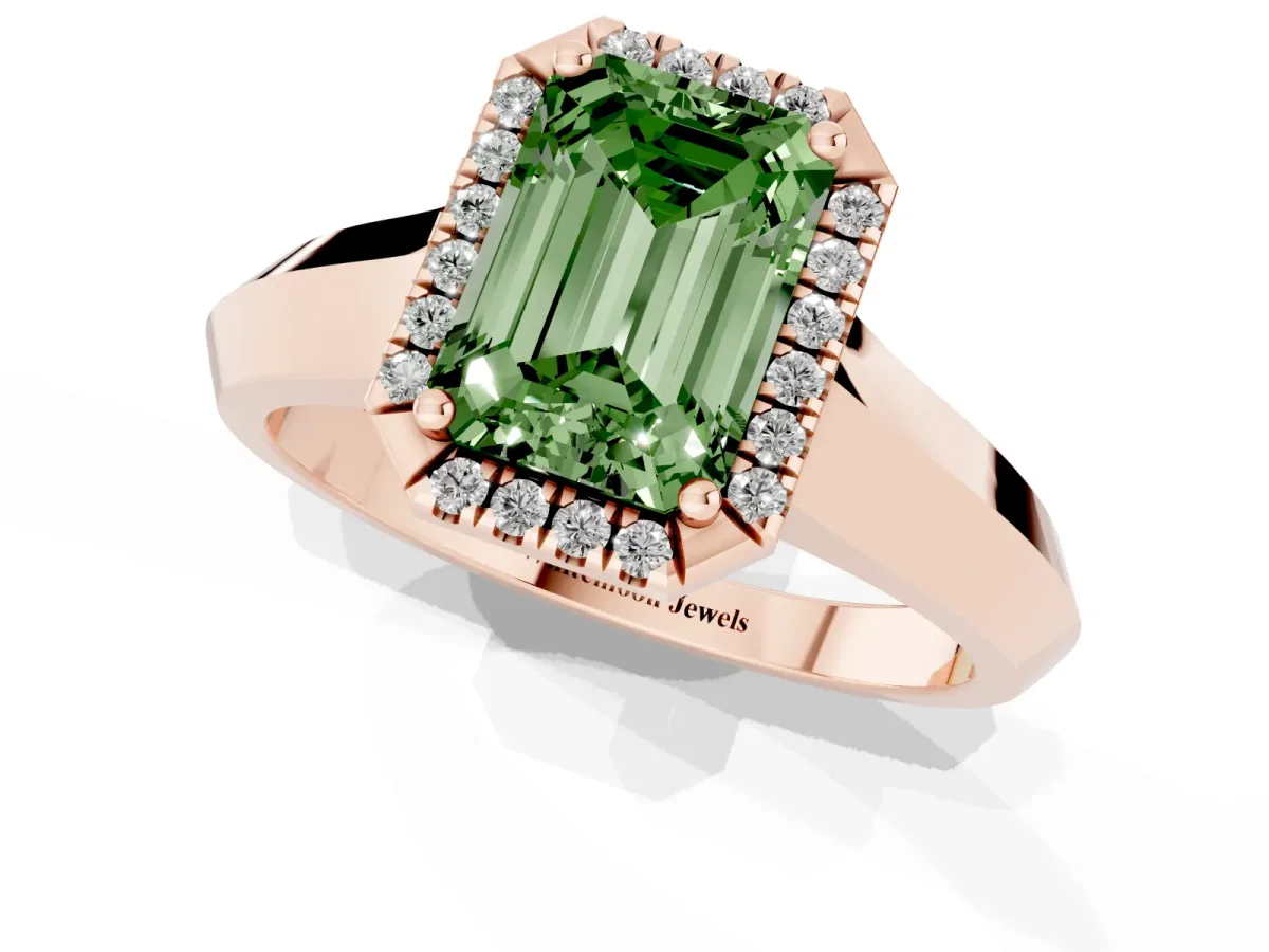 Fancy Green Emerald Cut Halo Diamond Ring with Cathedral Band and Four-Prong Setting Rose gold