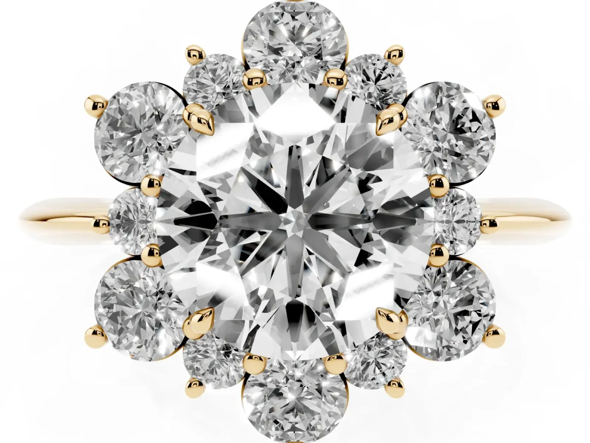 Round Cut Diamond Cluster Halo Ring with Solitaire Band and Four-Prong Setting Yellow gold