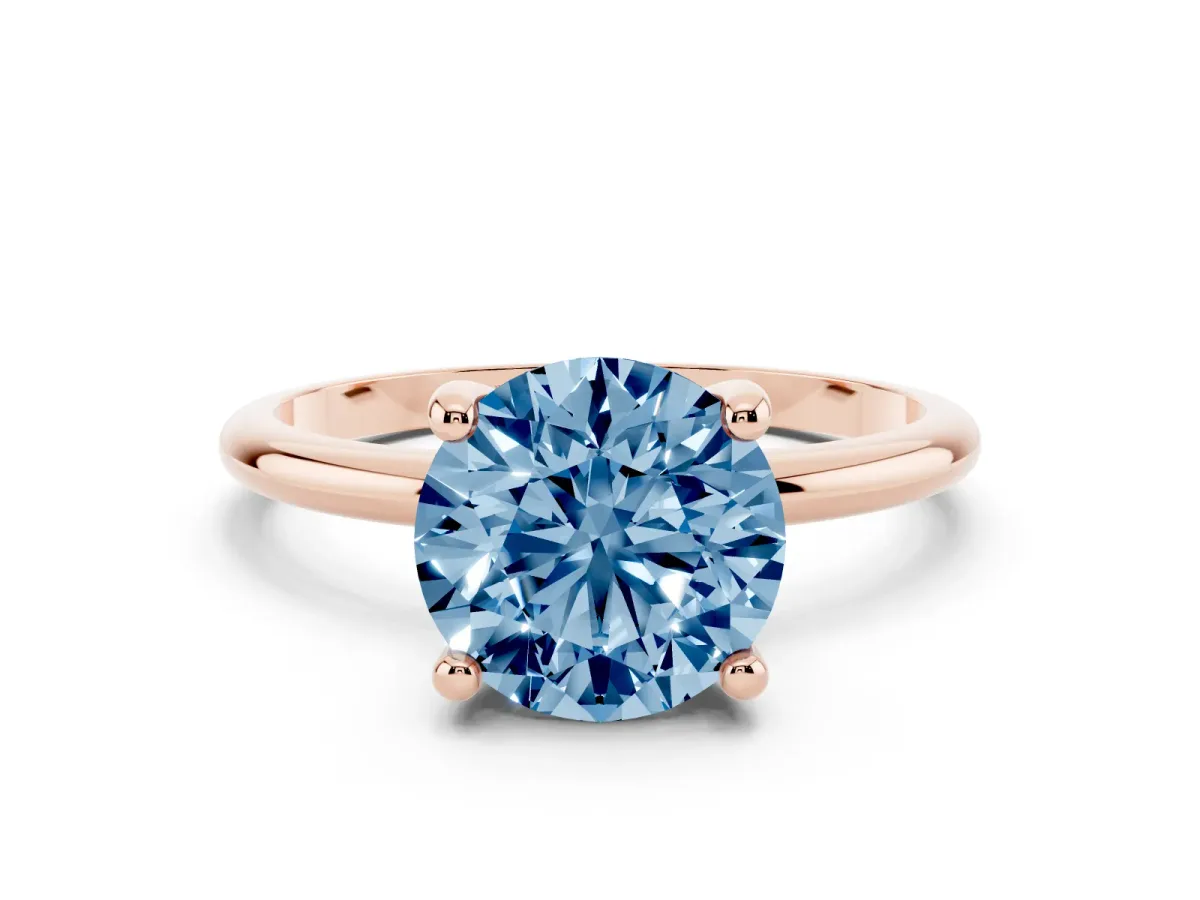 Fancy Blue Round Cut Solitaire Diamond Ring with 4-Prong Setting on a Classic Band Rose gold