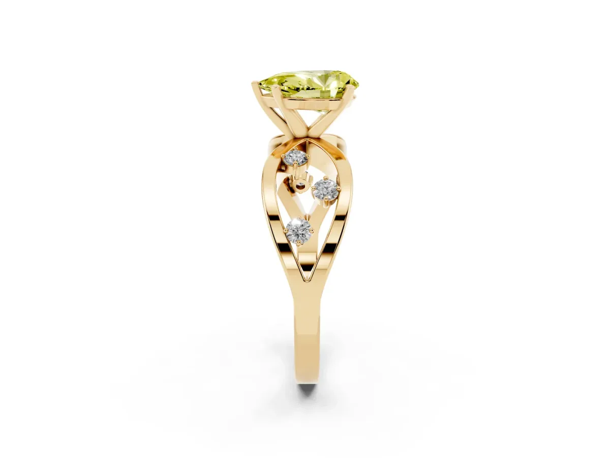 Fancy Yellow Pear Cut Cut Solitaire Diamond with Side Stones on Criss-Cross Band and Four-Prong Setting Yellow gold