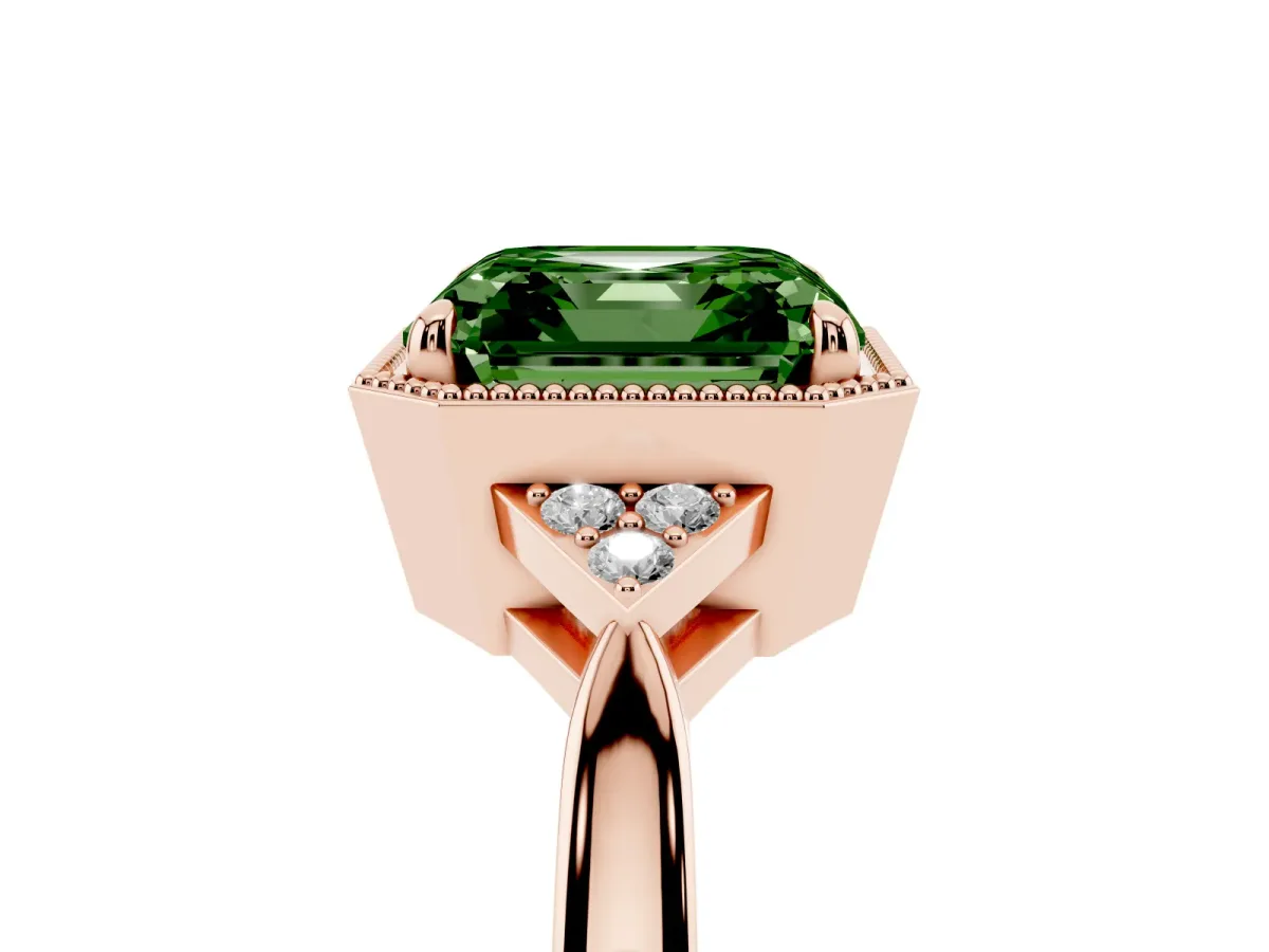 Fancy Green Asscher Cut Diamond Halo Ring with Tapered Band and Four-Prong Setting Rose gold