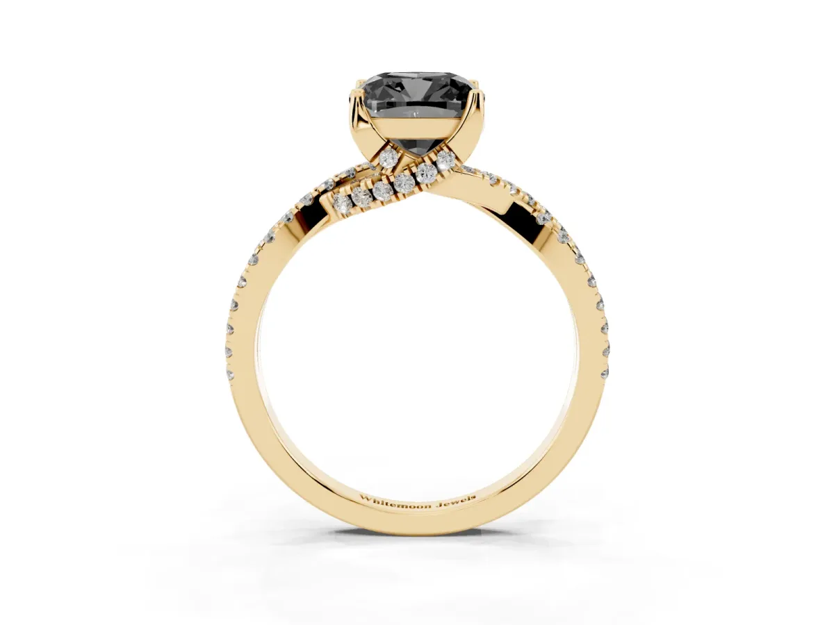 Fancy Black Cushion Cut Solitaire Twist Pave Diamond Engagement Ring with Prong Setting Yellow gold