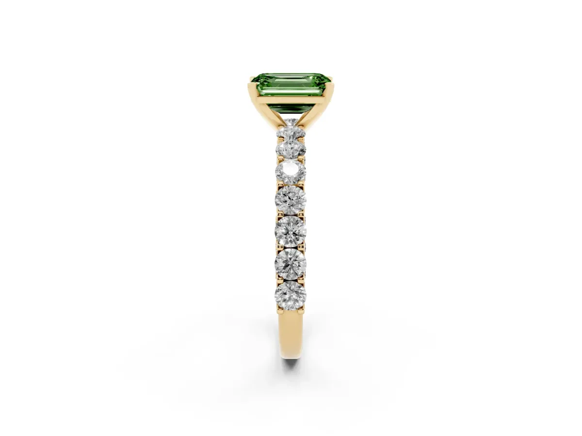 Fancy Green Emerald Cut Diamond Solitaire Ring with Shared Prong Pavé Band and Four-Prong Setting Yellow gold