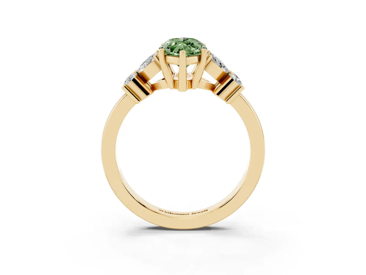 Fancy Green Marquise Cut Diamond Floral Cluster Ring with Solitaire Band and Prong Setting Yellow gold