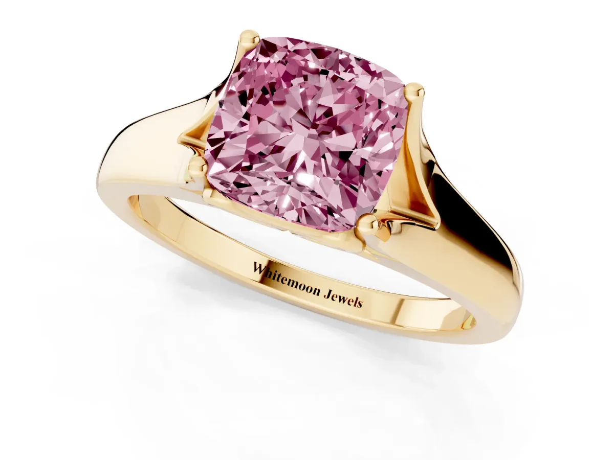 Fancy Pink Cushion Cut Solitaire Diamond Ring with Cathedral Band and Four-Prong Setting Yellow gold