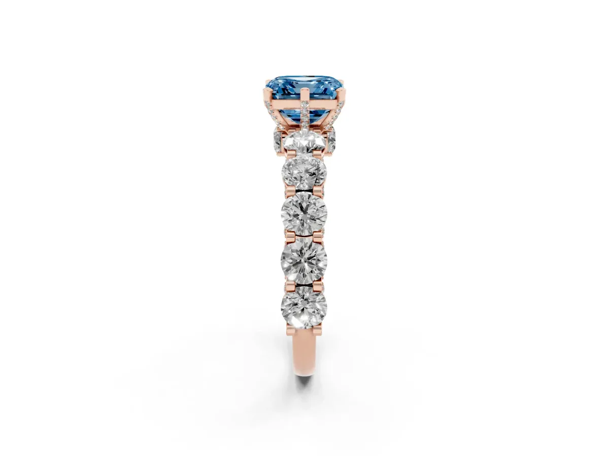Fancy Blue Asscher Cut Diamond Side Stone Engagement Ring with Four-Prong Setting Rose gold