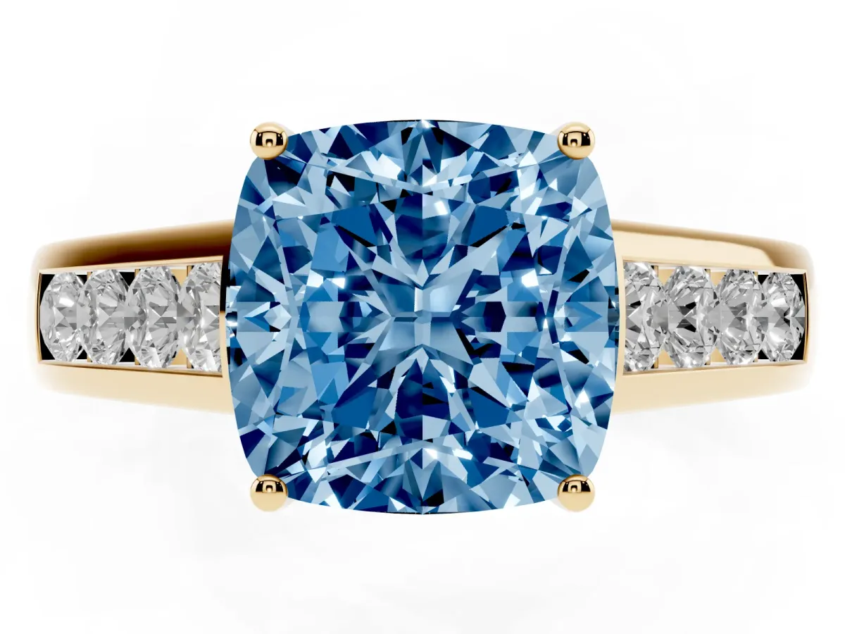 Fancy Blue Cushion Cut Solitaire Channel-Set Diamond Engagement Ring with Four-Prong Setting Yellow gold