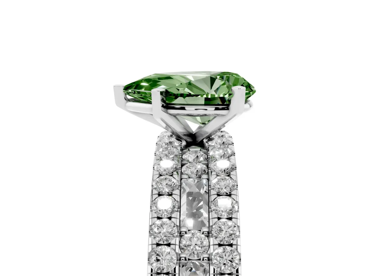 Fancy Green Pear Cut Diamond Solitaire Ring with Pavé and Channel Set Band Silver