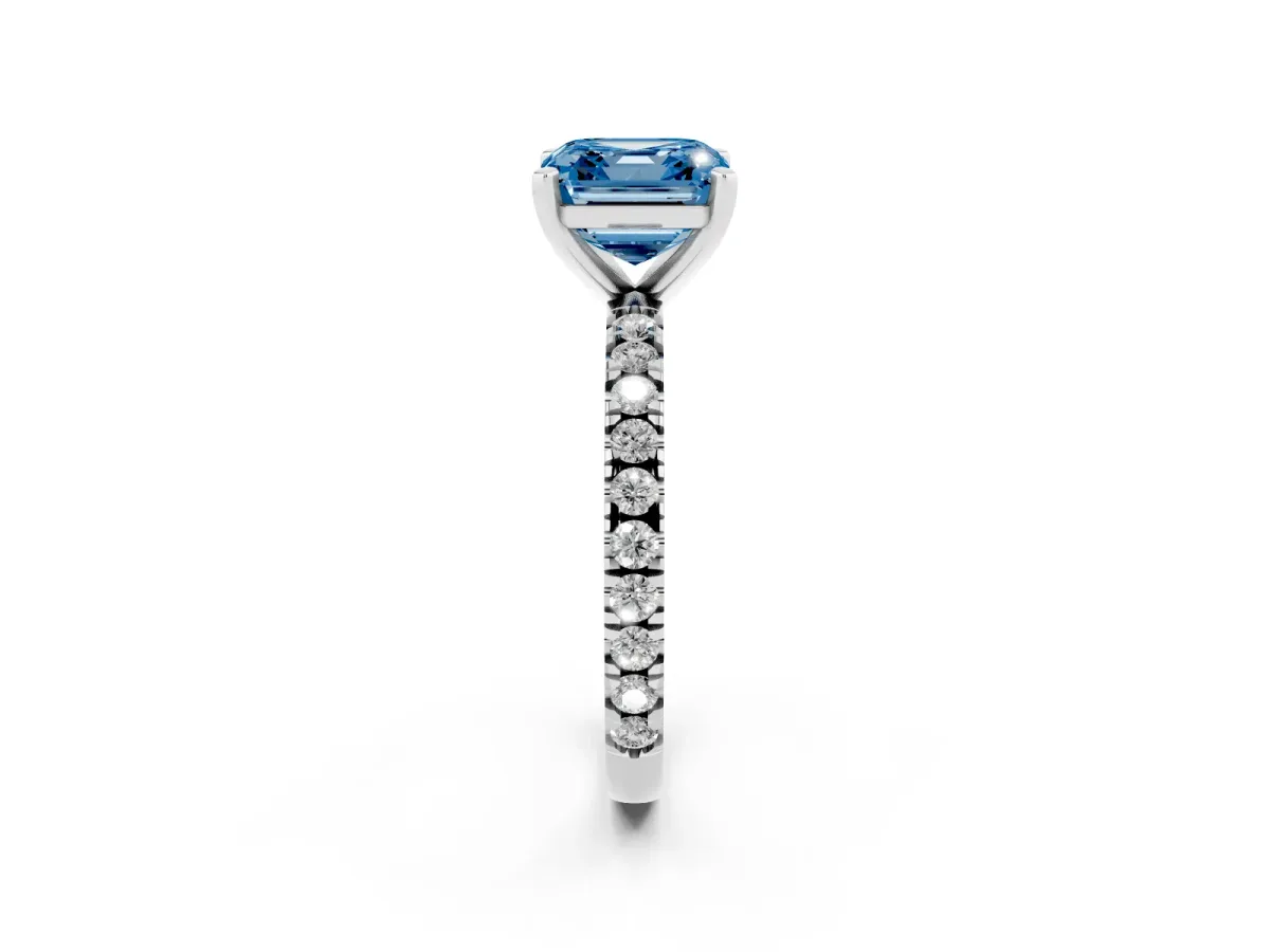 Fancy Blue Asscher Cut Diamond Pavé Band Solitaire with Four-Prong Setting Silver
