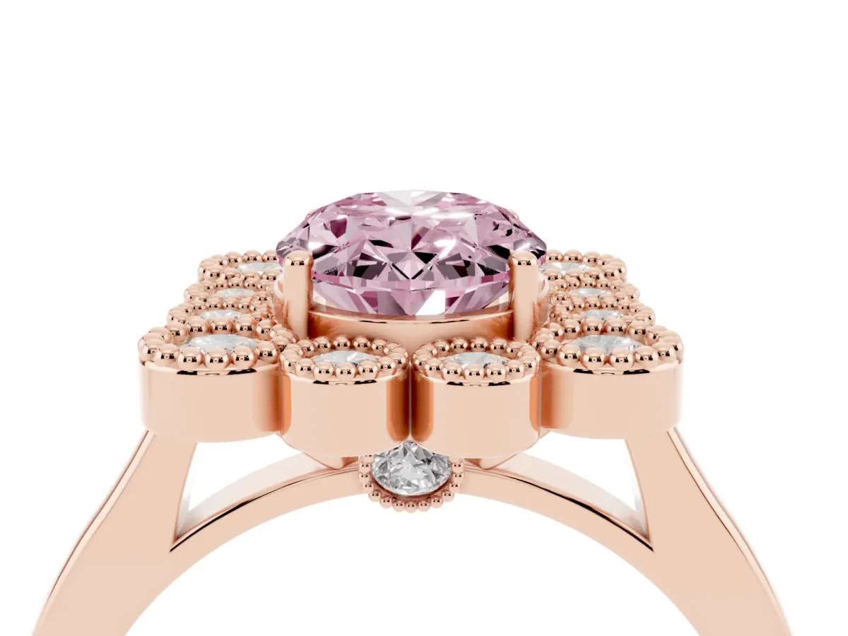Fancy Pink Oval Cut Halo Diamond Cluster Engagement Ring with Milgrain Bezel Setting and Solitaire Band Rose gold
