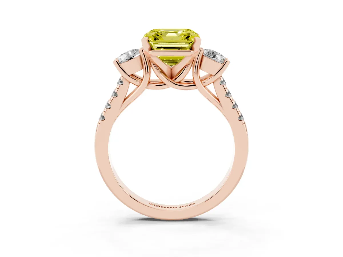 Fancy Yellow Three-Stone Asscher Cut Diamond Pavé Band with Four-Prong Setting Rose gold