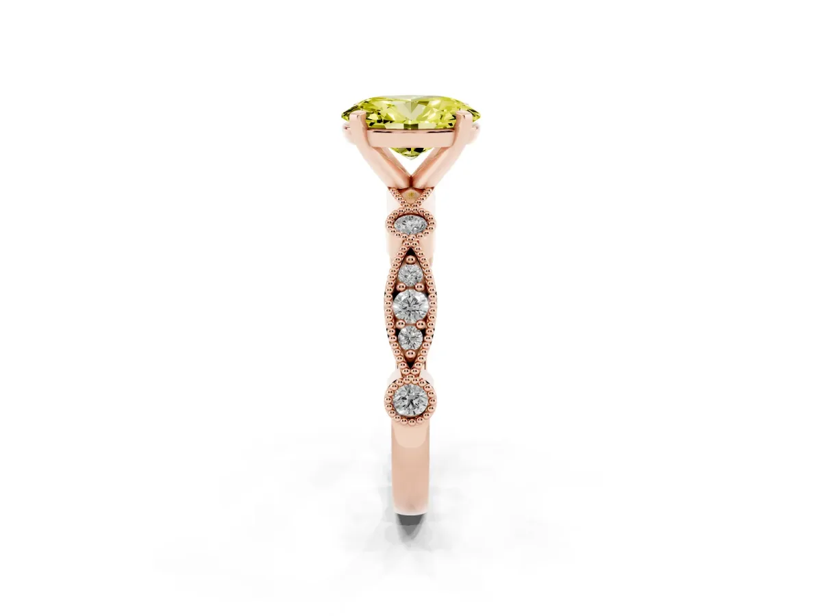 Fancy Yellow Oval Cut Milgrain Bezel Diamond Engagement Ring with Solitaire Prong Setting Rose gold