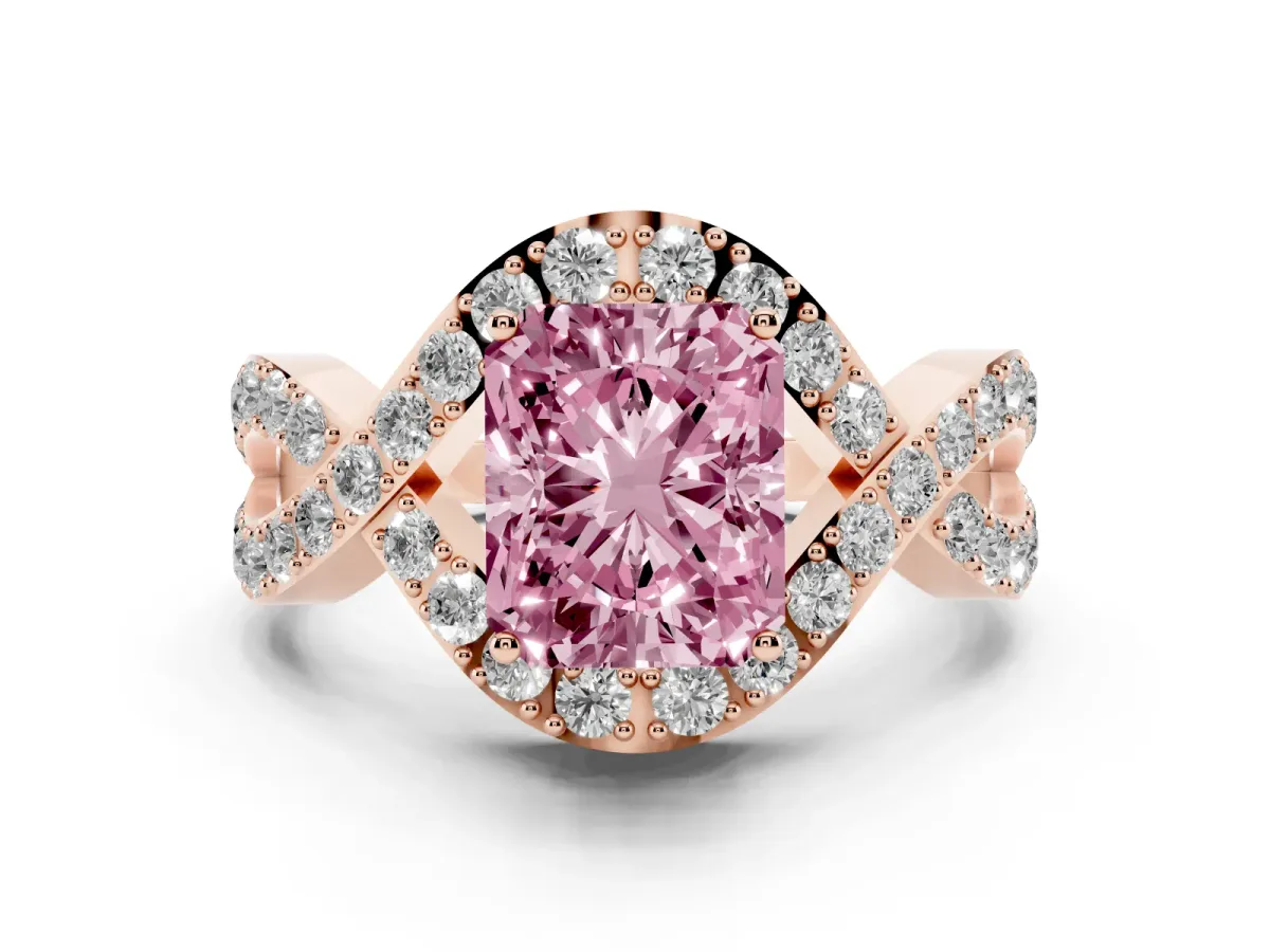 Fancy Pink Radiant Cut Solitaire Twist Band Pavé Diamond Engagement Ring Rose gold