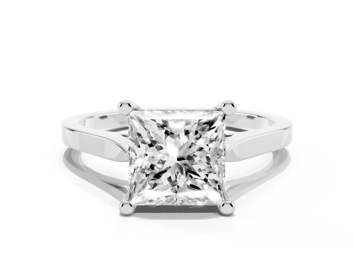 Princess Cut Solitaire Diamond Ring with Four-Prong Setting and Tapered Band Silver