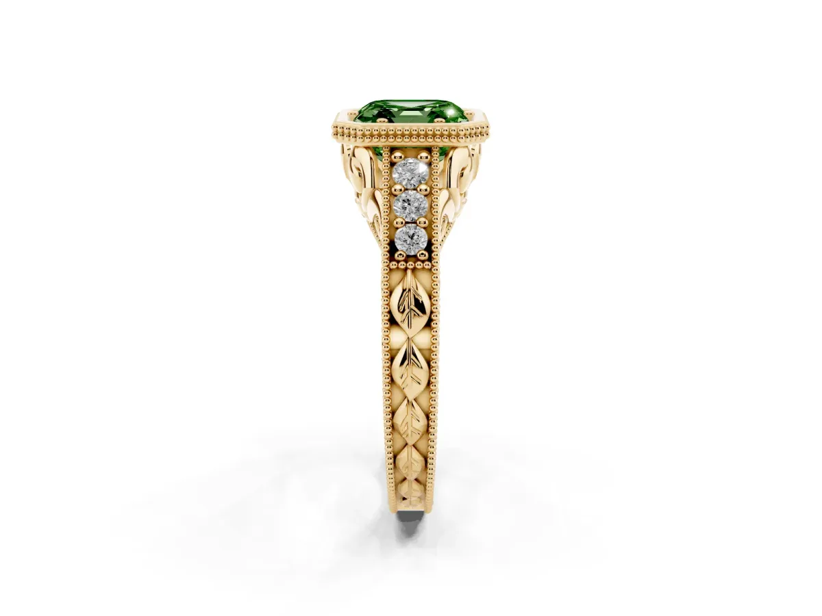 Fancy Green Bezel Set Asscher Cut Diamond Milgrain Pave Engagement Ring Yellow gold
