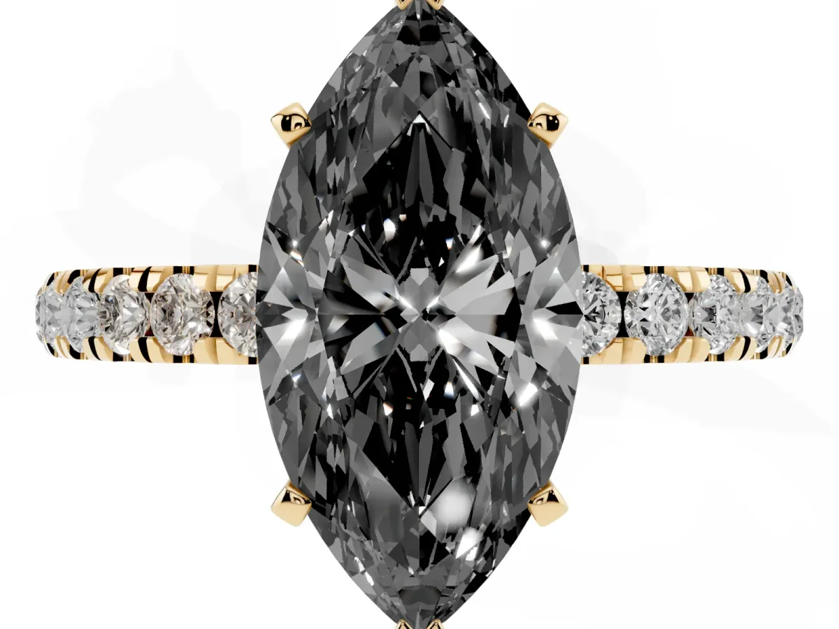 Fancy Black Marquise Cut Diamond Solitaire Ring with Pavé Accents and Four-Prong Setting Yellow gold