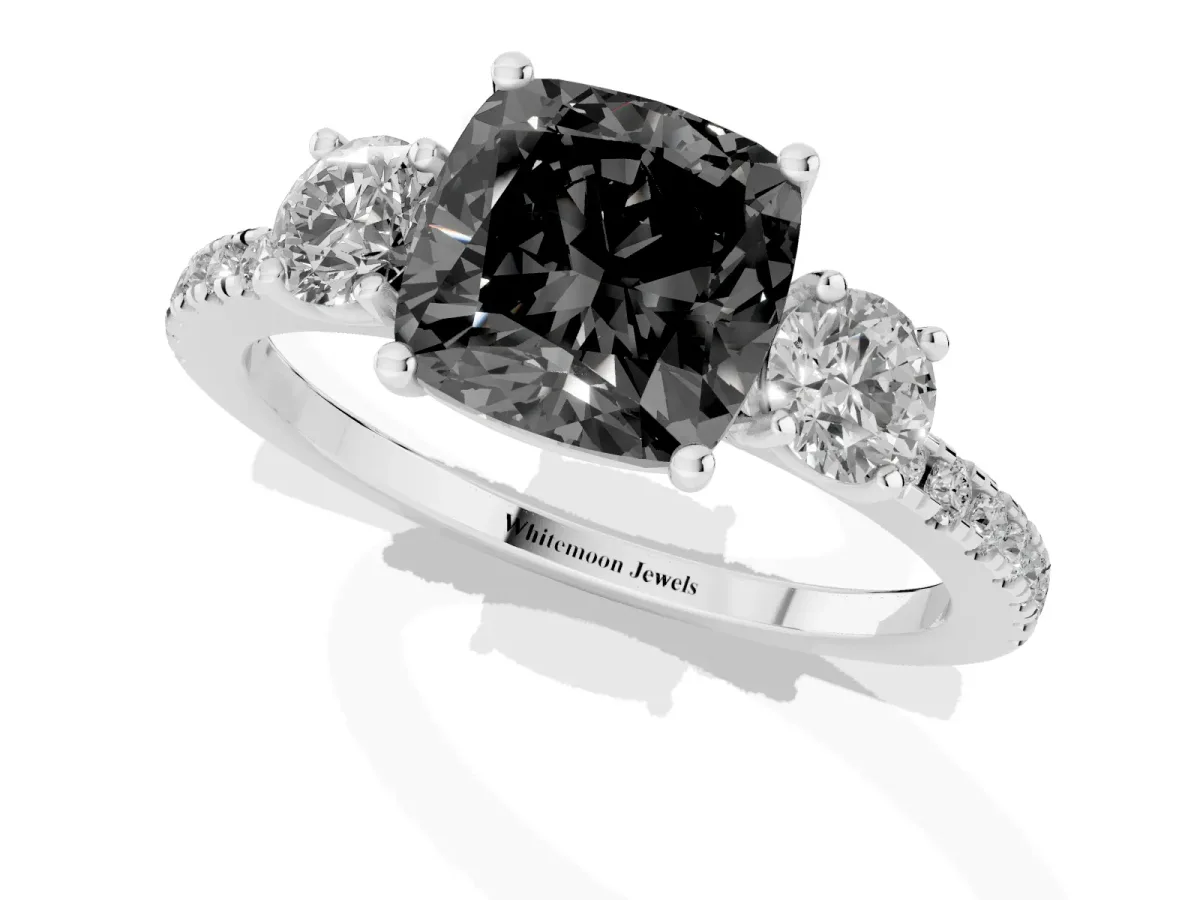 Fancy Black Three-Stone Cushion Cut Cut Diamond Pavé Band with Prong Setting Platinum