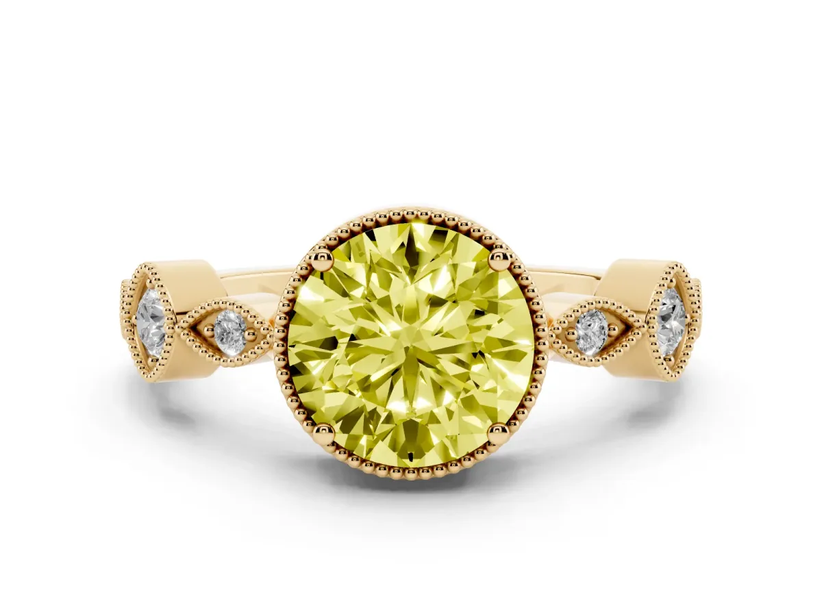 Fancy Yellow Round Cut Diamond Vintage Milgrain Ring with Round Stations Yellow gold