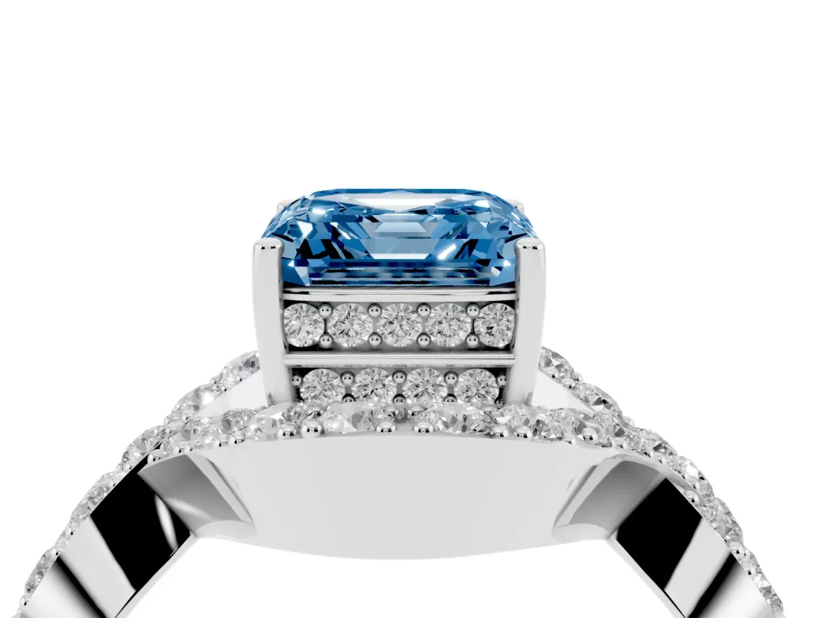 Fancy Blue Asscher Cut Solitaire Twist Band Pavé Diamond Engagement Ring Platinum