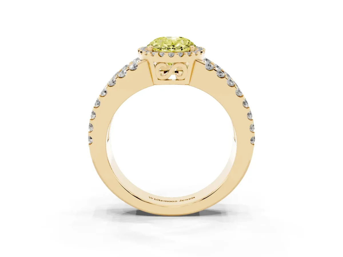 Fancy Yellow Oval Cut Cut Halo Split Shank Diamond Ring with Four-Prong Setting Yellow gold