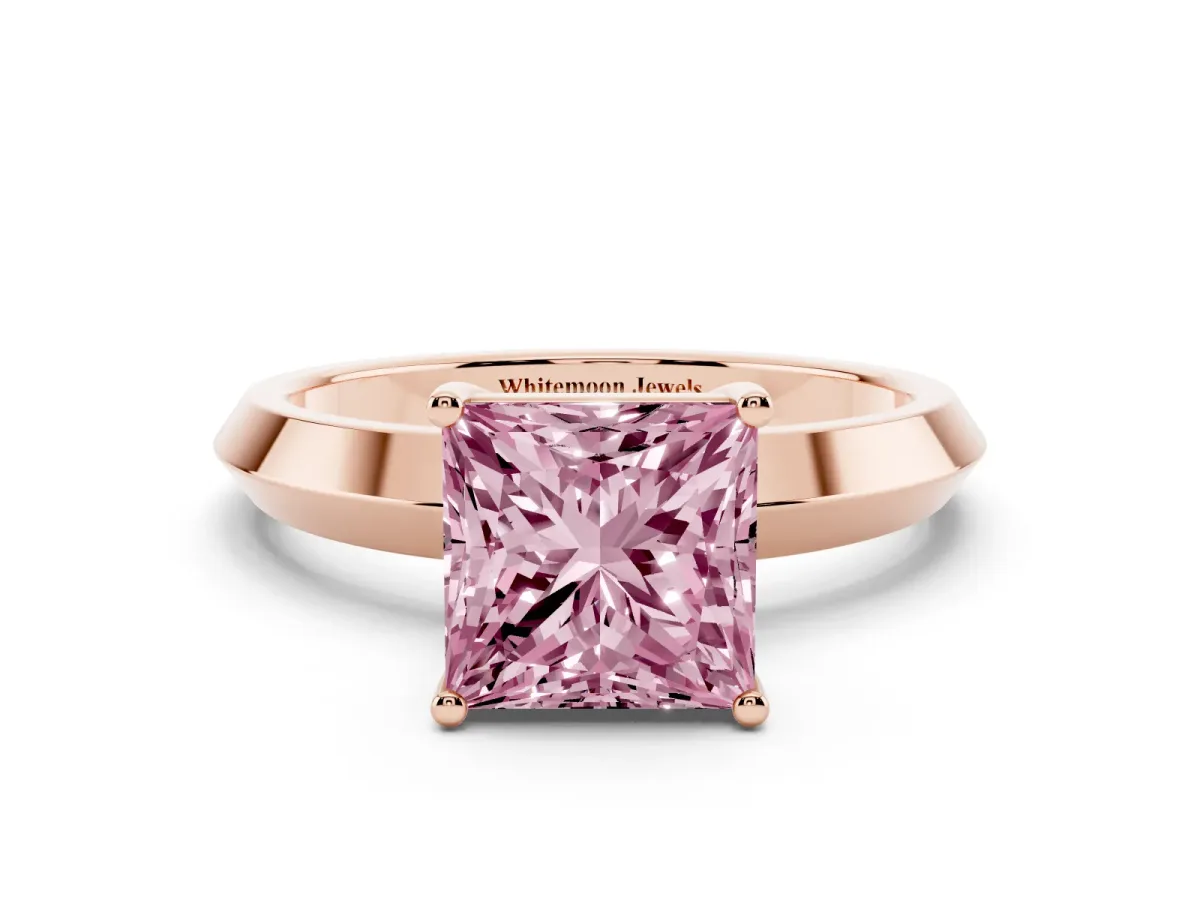 Fancy Pink Princess Cut Cut Solitaire Engagement Ring with Flat Band and Four-Prong Setting Rose gold