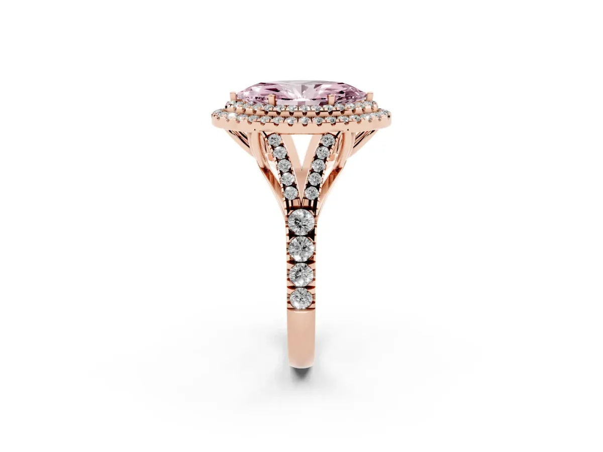 Fancy Pink Double Halo Marquise Cut Diamond Split Shank Engagement Ring with Four-Prong Setting Rose gold