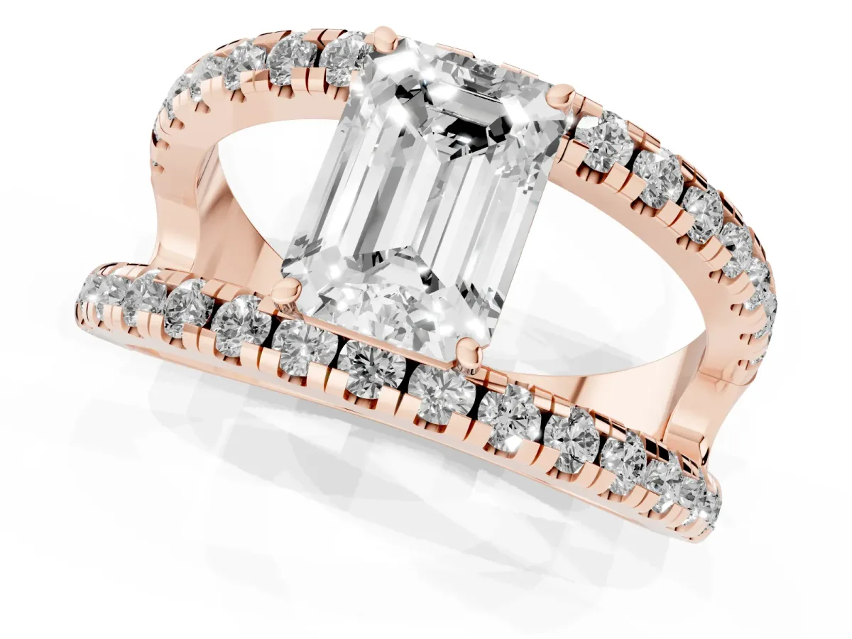 Emerald Cut Solitaire Split Shank Pave Diamond Ring Rose gold
