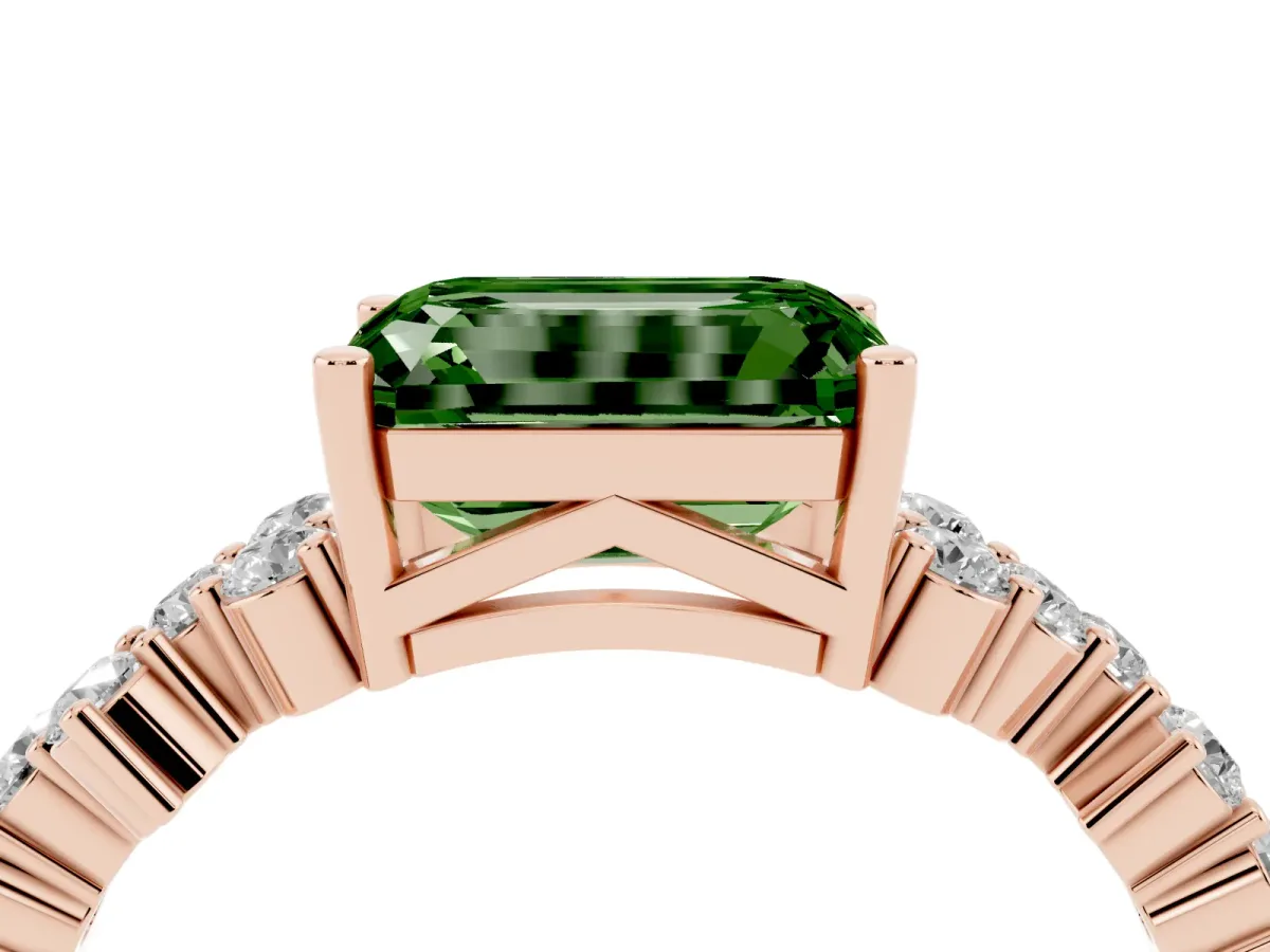 Fancy Green Emerald Cut Diamond Scattered Round Accent Ring with Prong Setting Rose gold