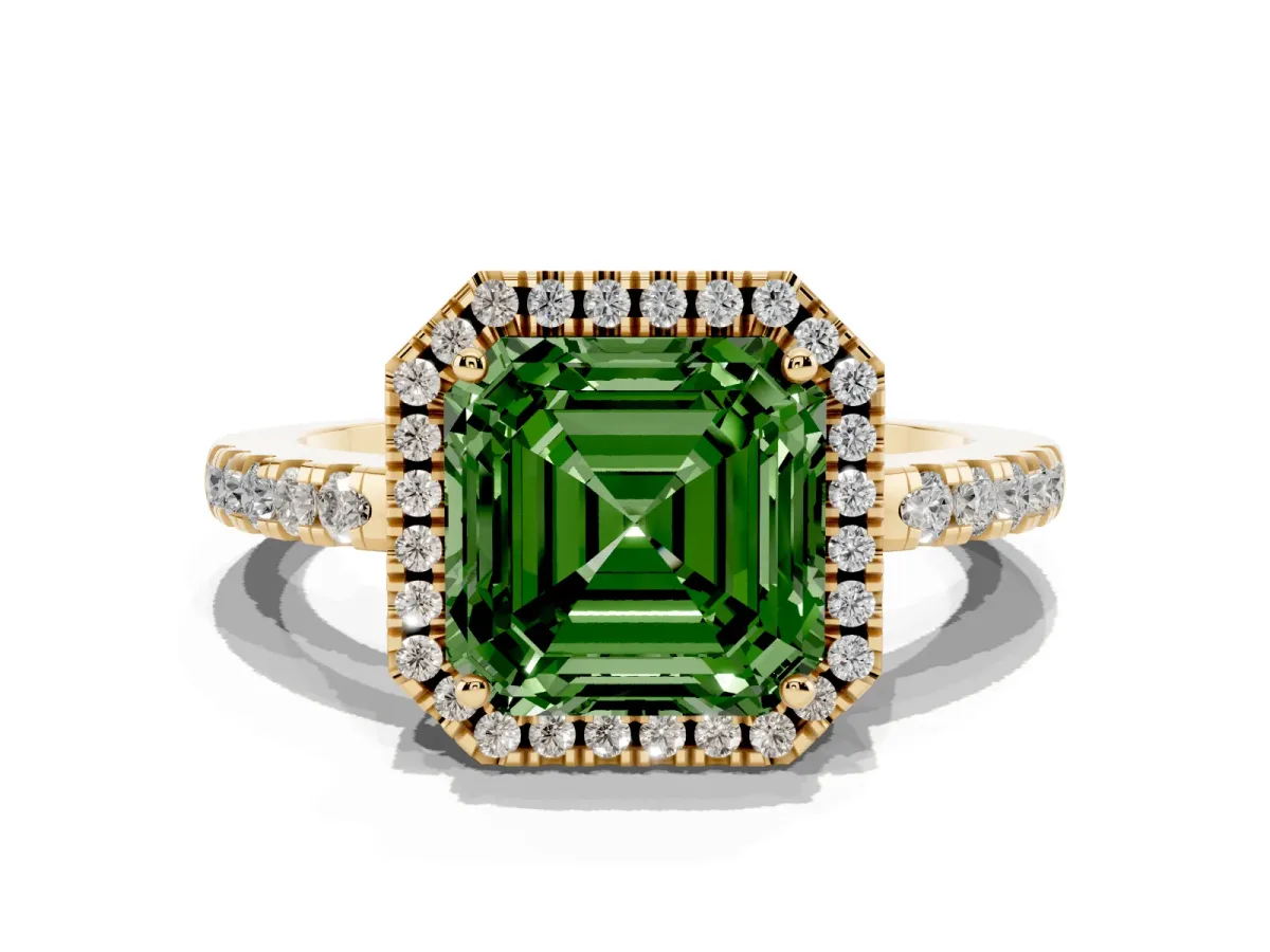 Fancy Green Asscher Cut Halo Diamond Engagement Ring with Pavé Band and Four-Prong Setting Yellow gold