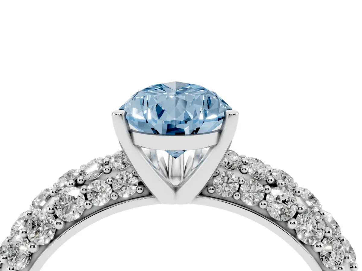 Fancy Blue Pear Cut Diamond Pavé Band Solitaire Ring with Four-Prong Setting Silver