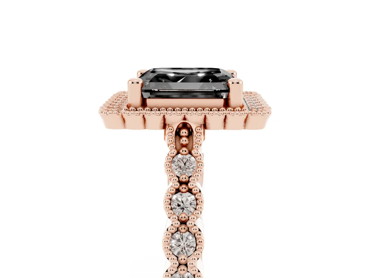Fancy Black Asscher Cut Cut Halo Pavé Solitaire Ring with Milgrain Band Rose gold