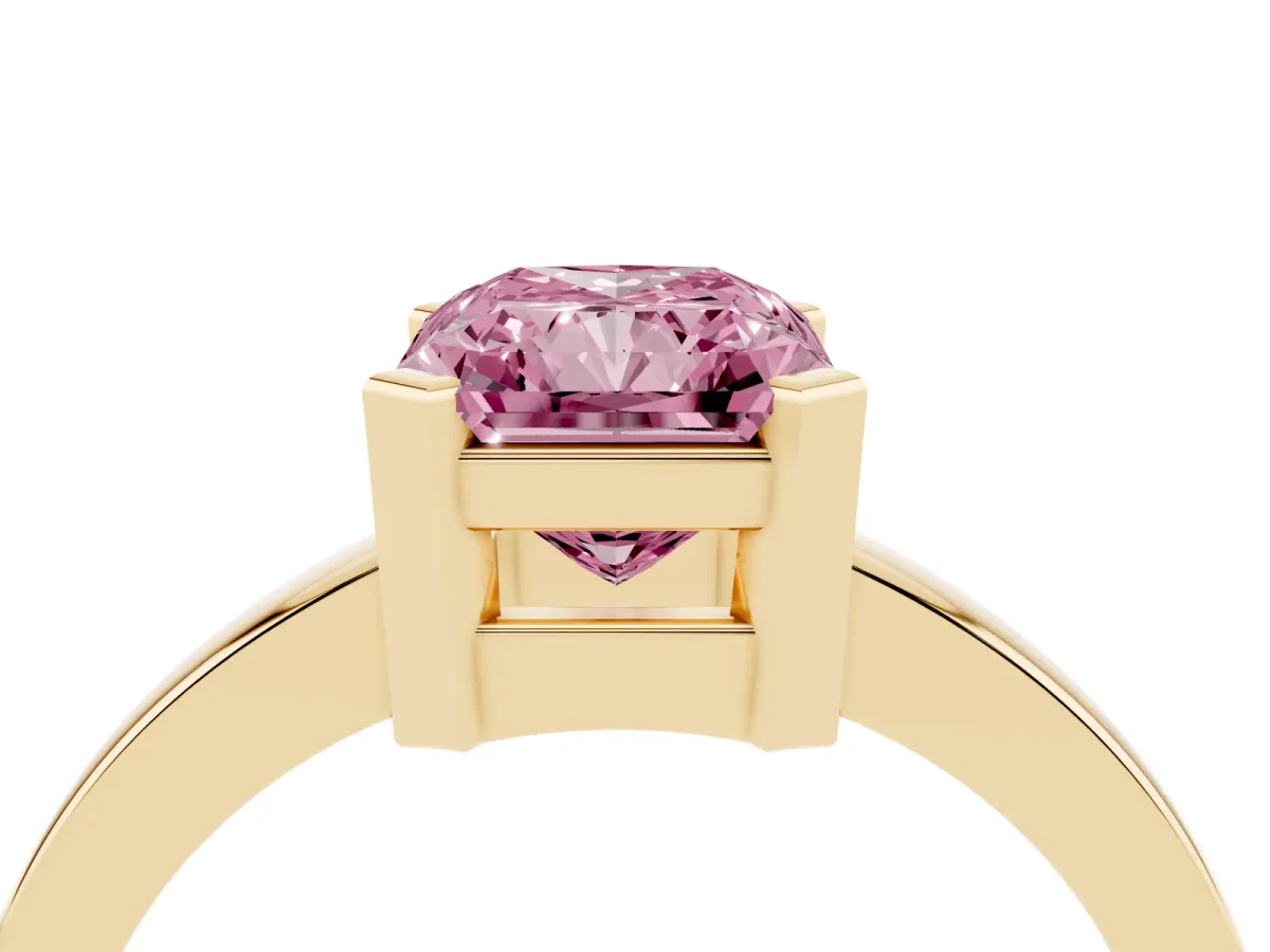 Fancy Pink Radiant Cut Cut Solitaire Ring with Four-Prong Setting and Classic Band Yellow gold