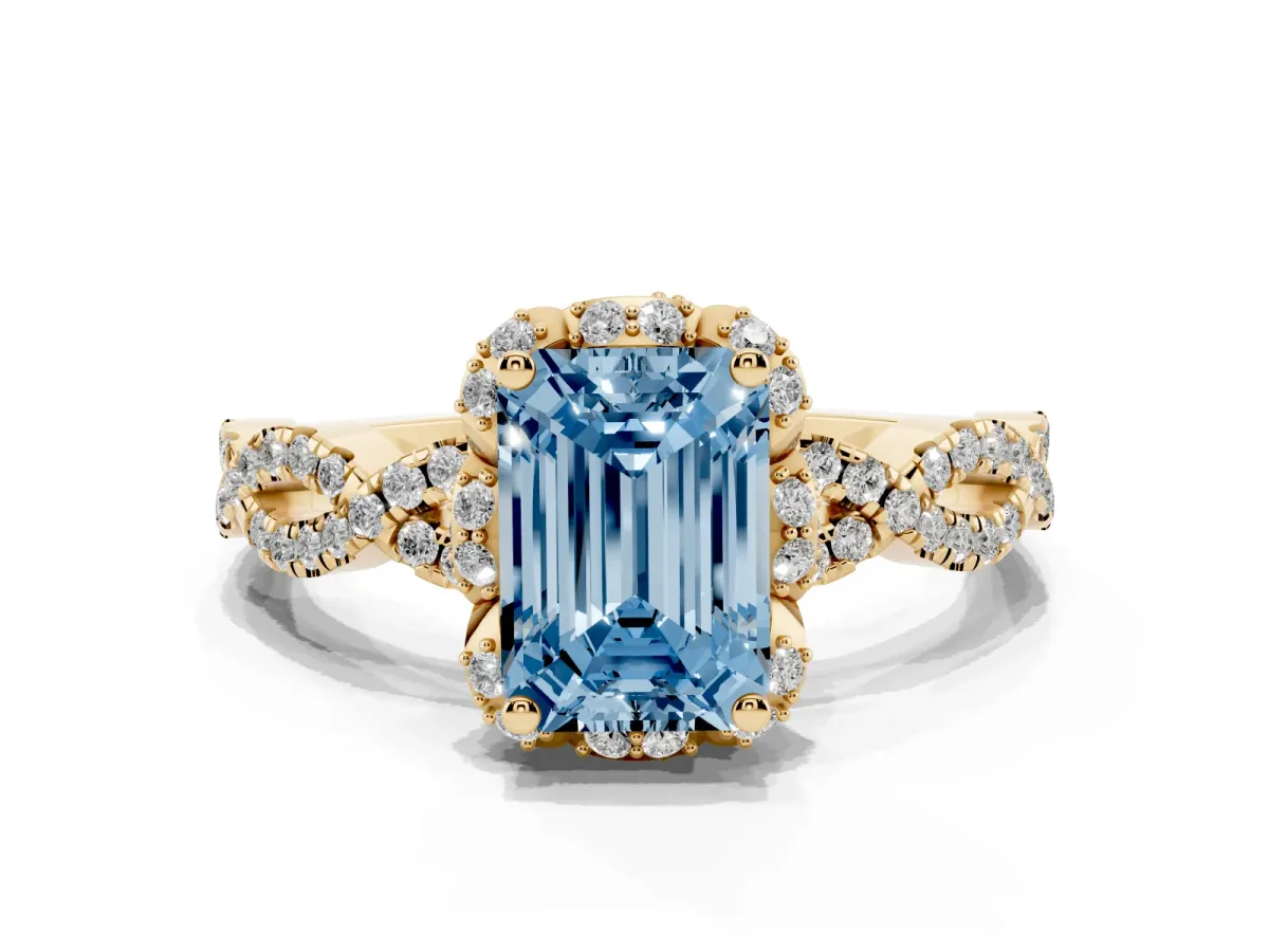 Fancy Blue Emerald Cut Halo Twist Band Solitaire Ring with Six-Prong Setting Yellow gold