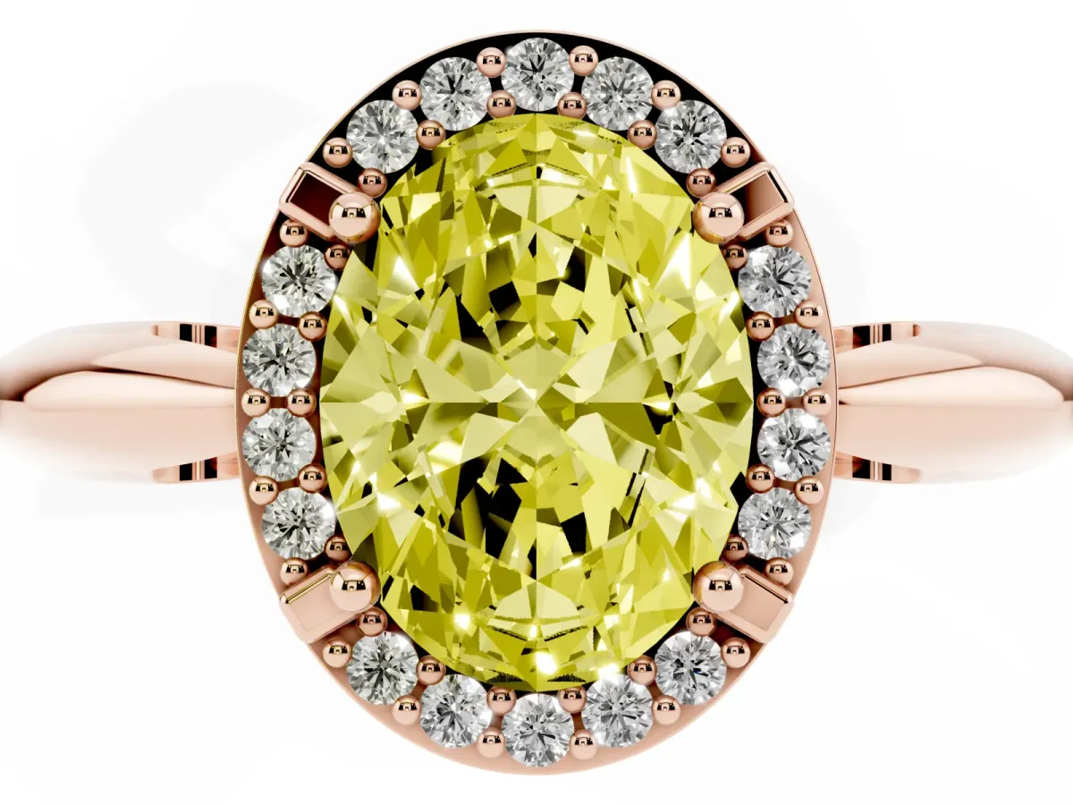 Fancy Yellow Oval Cut Cut Diamond Halo Engagement Ring with Split Shank and Four-Prong Setting Rose gold