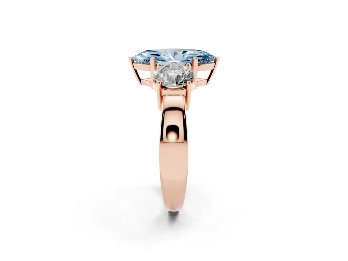 Fancy Blue Three-Stone Marquise Cut Diamond Ring with Round Side Stones, Classic Band, and Four-Prong Setting Rose gold