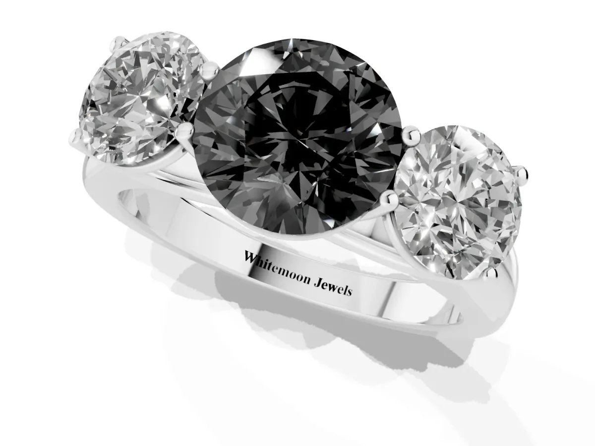 Fancy Black Round Cut Three-Stone Diamond Ring with Prong Setting on a Classic Band Platinum